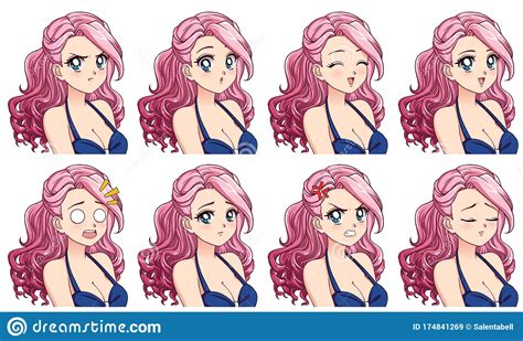 A Set Of Cute Anime Girl With Different Expressions Stock Vector