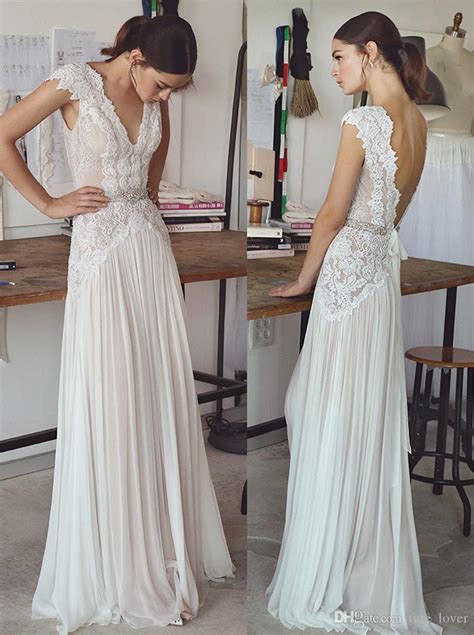 Discount Vintage Lace Beaded Wedding Dresses Simple A Line V Neckline V