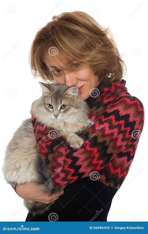 Young Woman Hugging A Cat Stock Image Image Of Isolated 66086425