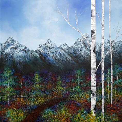 Mountain And Aspen Tree Birch Trees Painting With Blue Sky By Canadian