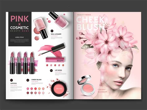 Romantic Cosmetic Magazine Template Pink Series Floral Graphic Design
