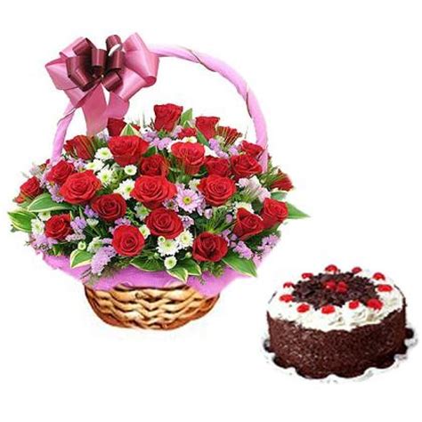 20 Red Rose Basket With Half Kg Black Forest Cake Myflowert