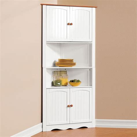You can buy an actual storage cabinet and put it in the corner or plan it when remodeling. Amazon.com - Brylanehome Country Kitchen Corner Cabinet ...