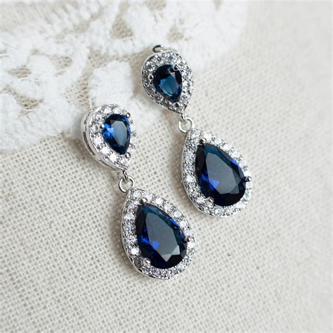 Sapphire Earrings Blue Sapphire Bridal Earrings Cubic Etsy