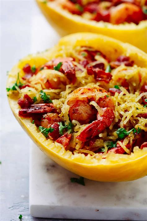 Pesto Spaghetti Squash With Shrimp Low Carb Paleo And