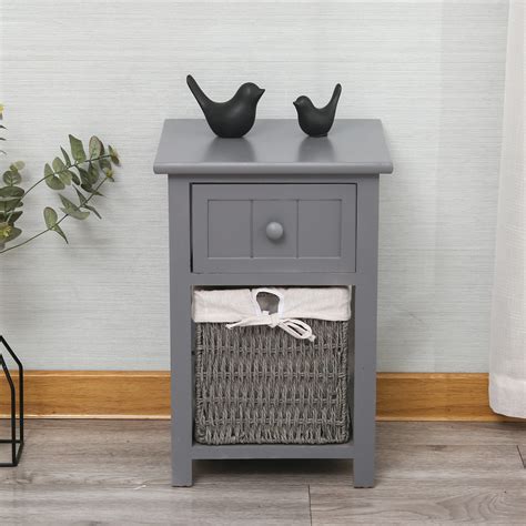 High Quality Grey Bedside Table Wicker Basket Drawers Wooden Side Table