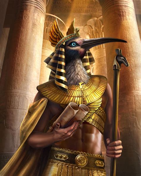an egyptian man with a bird on his head holding a staff in front of some columns