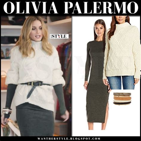 Olivia Palermo In Cream Chunky Knit Belted Sweater And Bodycon Dress In