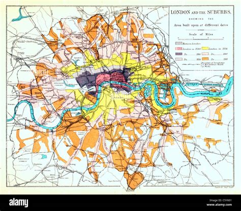 Map Of London And Suburbs Circa 1880s With Colour Coded Areas
