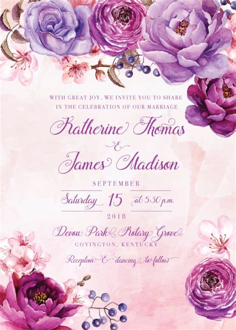 Purple Wedding Invitation Vintage Wedding Invitation Floral Etsy
