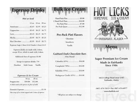 Hot Licks Homemade Ice Cream menu in Fairbanks, Alaska, USA