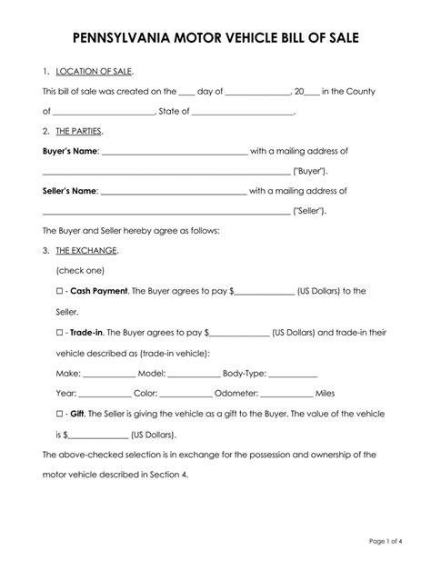 Pennsylvania Pa Vehicle Bill Of Sale Forms Pdf Word