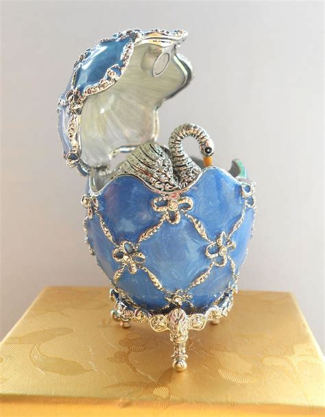 Swan Inside Faberge Egg Handmade Inspired Trinket Box Blue With Silver