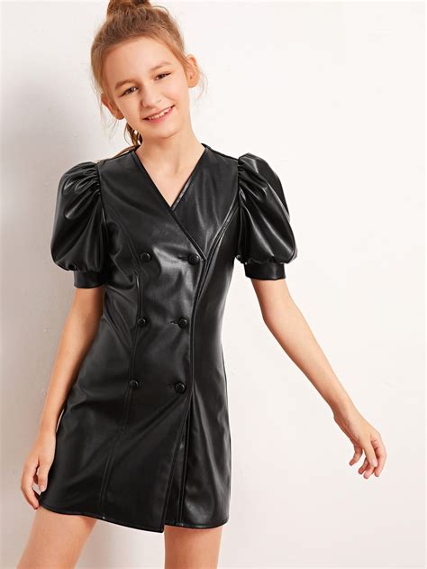 Girls Puff Sleeve Double Breasted Leather Look Dress Shein Usa Leather Look Dress Tween