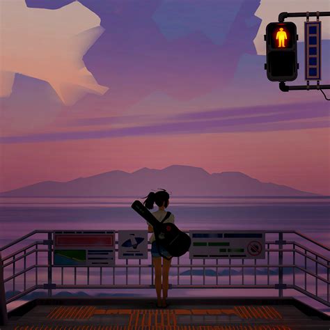 2048x2048 Anime Girl With Guitar Watching The Sunset 4k Ipad Air Hd 4k