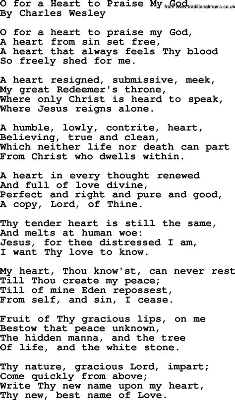 O For A Heart To Praise My God By Charles Wesley Hymn Lyrics