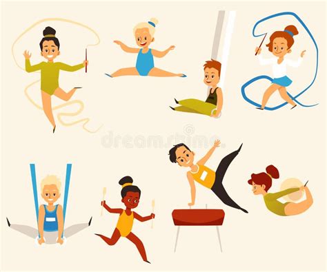 Set Of Kids Doing Gymnastic Exercises Flat Vector Illustration