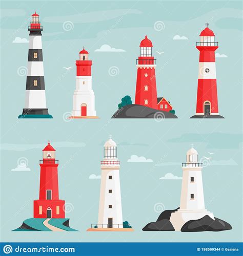Set Of Vector Lighthouses On Islands In Flat Style Coastline Landscape