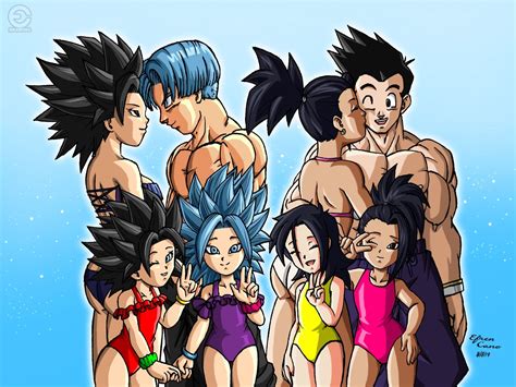 Drawing Dbz Couples Families Summer Themed Caulifla Trunks And Their Daughters Komatsuna