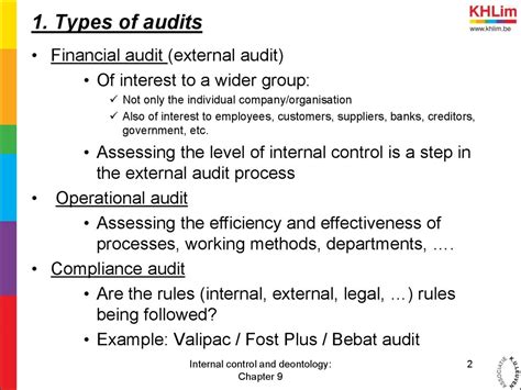 External compliance external compliance refers to following the rules, laws and standards set by the governmental authorities to an example to internal compliance is when the accounts departments follows the company's policy and reconcilies cash and bank accounts at the. Internal control and deontology - Chapter 9 External audit ...
