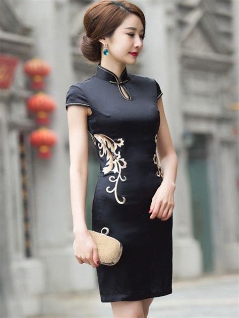 Black Embroidered Qipao Cheongsam Dress With Lace Back Chinese Style Dress Traditional