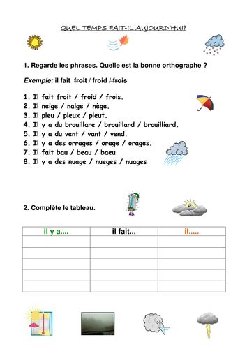 French Weather Revision Worksheet Teaching Resources