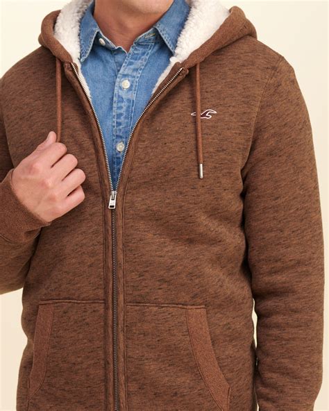 Hollister Sherpa Lined Textured Hoodie In Brown For Men Lyst