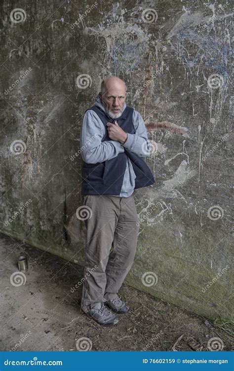 Mature Homeless Man Looking Fed Up Holding Out His Hands Stock
