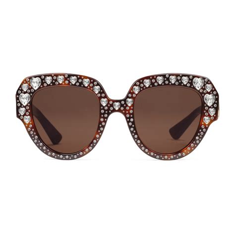 gucci square frame acetate sunglasses with crystals in brown modesens