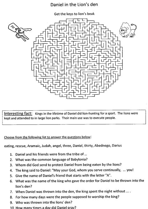 Daniel And The Lions Den Worksheets