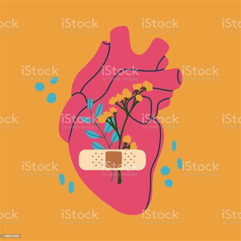 Human Heart With Sealed Plaster And Flowers Stock Illustration