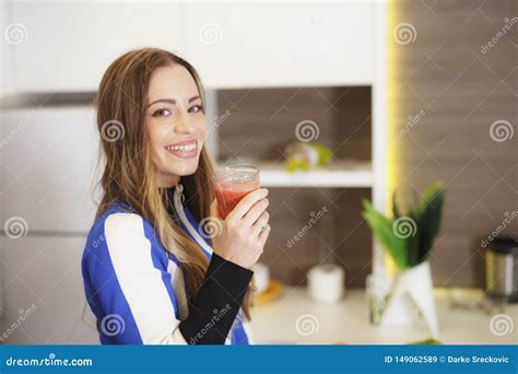 Attractive Girl In Sportswear Drinking Tasty Smoothie Stock Image Image Of Glass Beverage