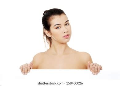 Sexy Naked Brunette Holding Empty Board Foto Stok Shutterstock
