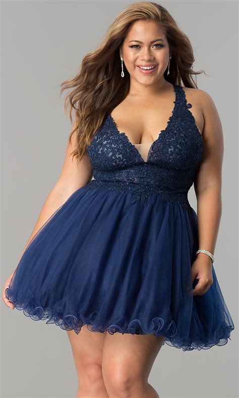 Make sure that the measuring tape (a dress maker's soft tape measure for preference) goes under your arms. Short V-Neck Plus-Size Homecoming Dress - PromGirl