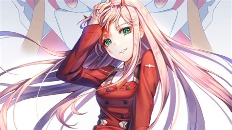 Zero two coat green eyes horns lollipop long hair. pink hair, green eyes, anime, Darling in the FranXX, Zero ...