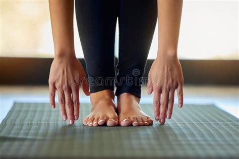 Hands Feet And Woman Stretching On Yoga Mat For Exercise Cardio And