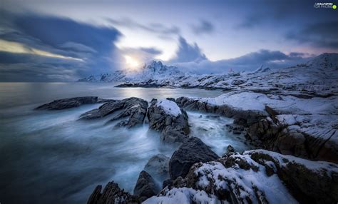 Norwegian Sea Norway Rocks Snow Flakstadøya Island Lofoten For