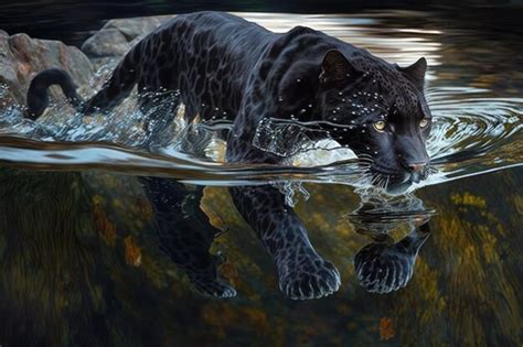 Premium Ai Image Panther Swimming In Crystal Clear Stream