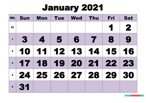 January 2021 Free Printable Monthly Calendar 2021 Uk January 2021