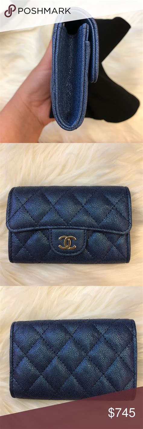 Blue quilted lambskin leather cc card holder. Chanel card holder flap wallet iridescent blue New Brand ...