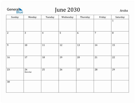 June 2030 Monthly Calendar With Aruba Holidays