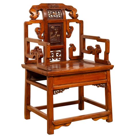 Hand Carved Antique Chinese Chair With Natural Wood Patina And Scroll