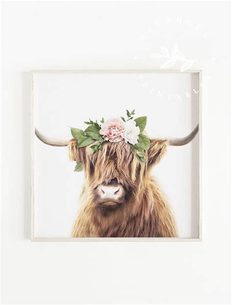 Highland Cow With Flower Crown Highland Cow Print Girl Etsy