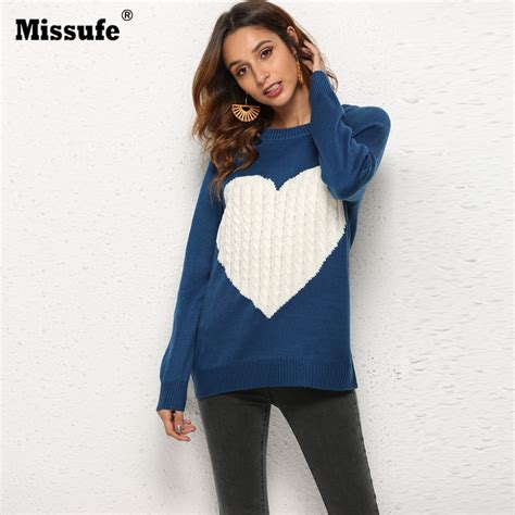 Missufe Ribbed Long Sleeve Heart Patchwork Sweater Women Autumn Winter