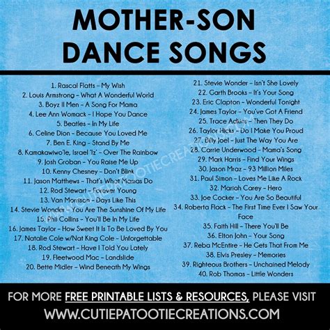 Lyrics like, may you always be courageous and may your wishes all come true speak volumes in a wedding setting. Mother Son Dance Songs for Mitzvahs and Weddings - FREE Printable List