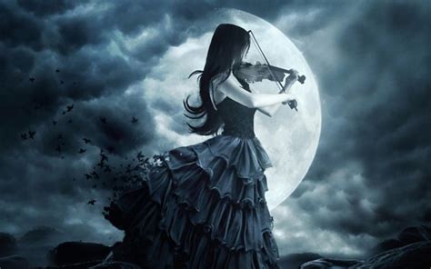 Gothic Girl Violin Moon Wallpapers Hd Desktop And
