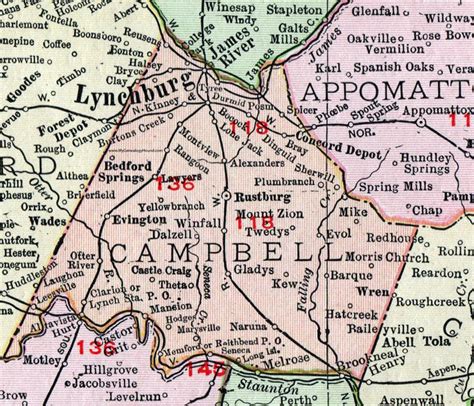 Campbell County Virginia Map 1911 Rand Mcnally Lynchburg Rustburg