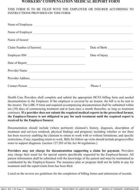 Free Pennsylvania Workers Compensation Medical Report Form Pdf
