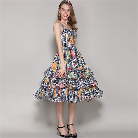 Plus Size Designer Runway Summer Dress Women S Spaghetti Strap Plaid Pattern Print Vintage