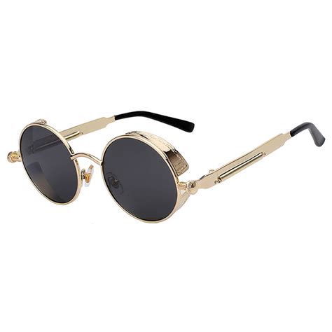 060 C1 Steampunk Gothic Sunglasses Metal Round Circle Gold Frame Black